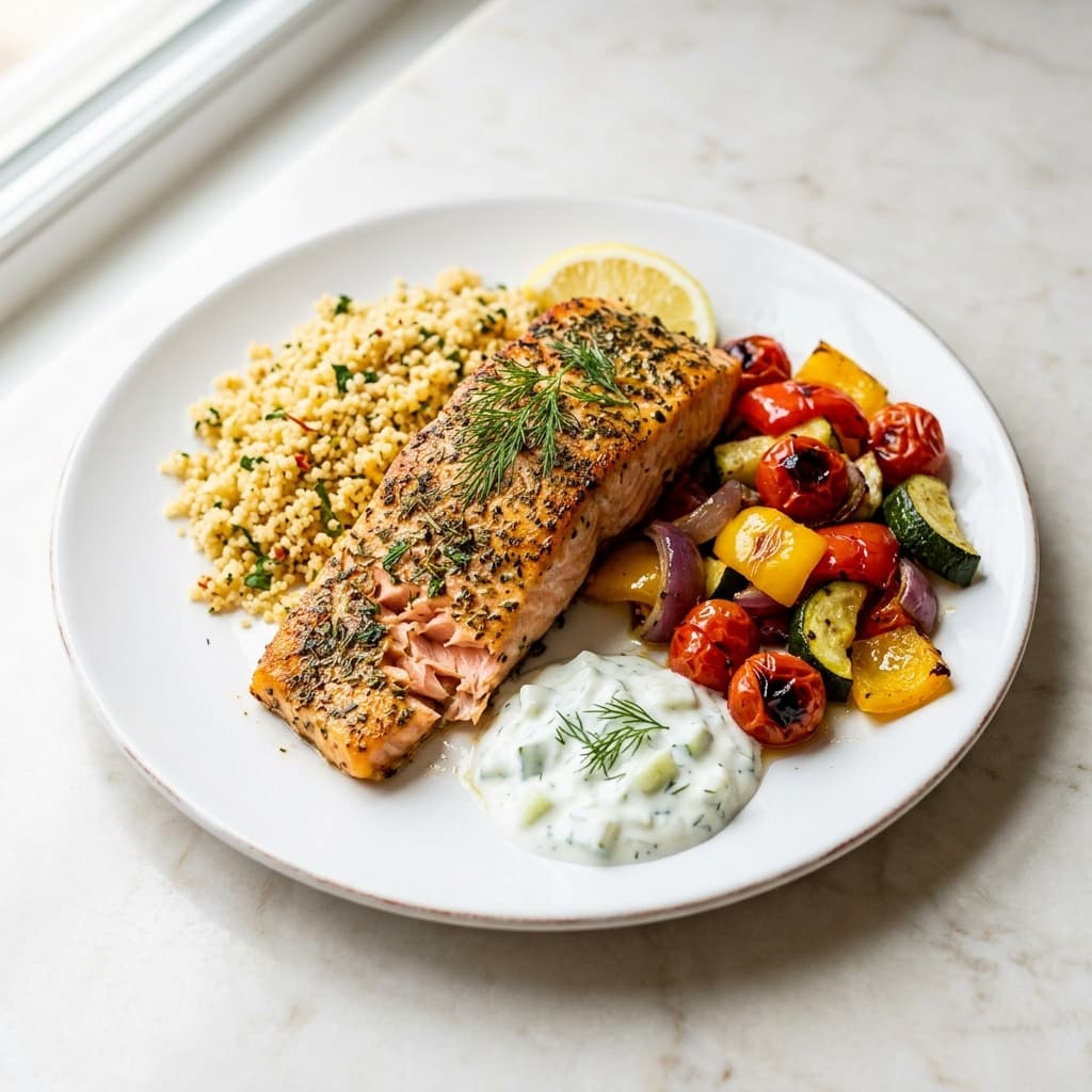 Mediterranean salmon plate with fresh sides